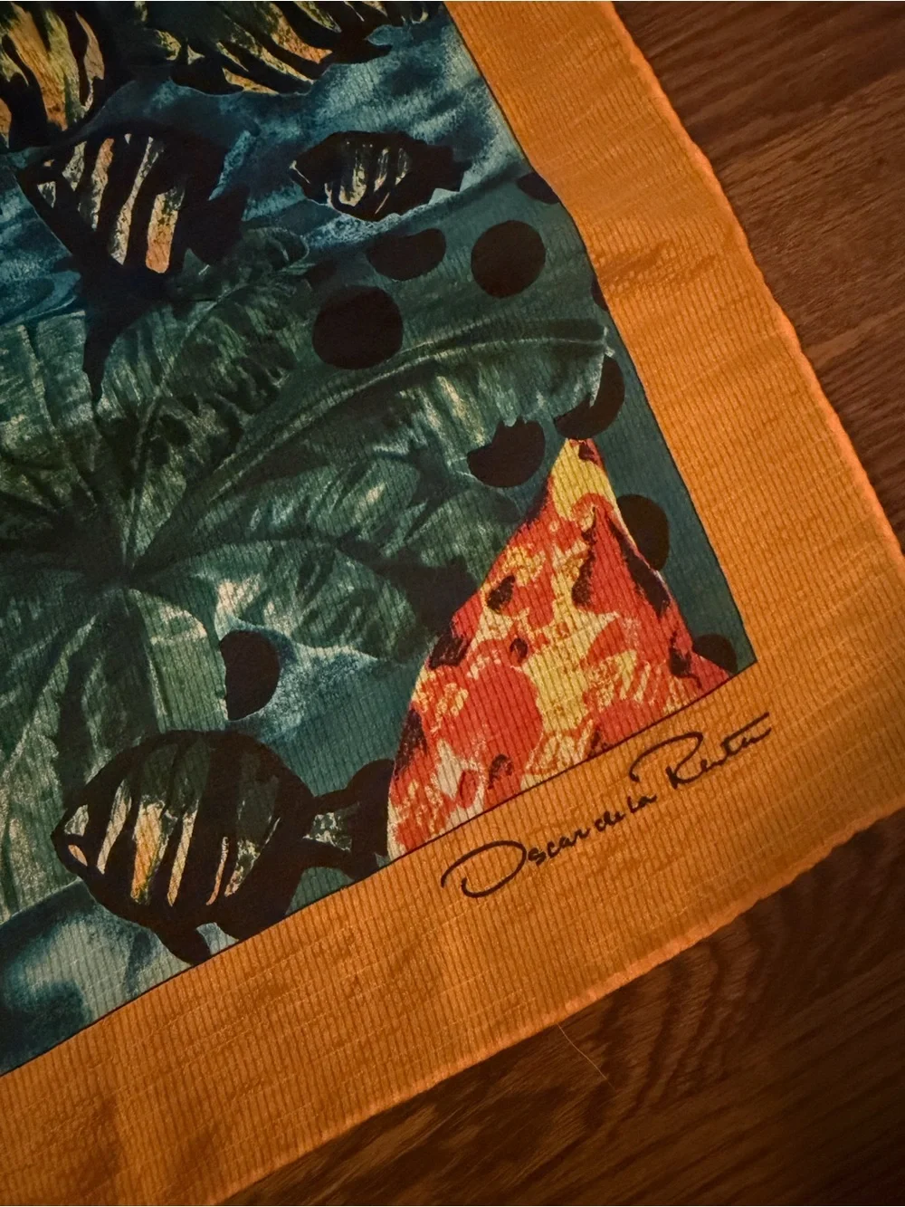 Oscar de la Renta Orange-Trim Tropical Print Silk Scarf
